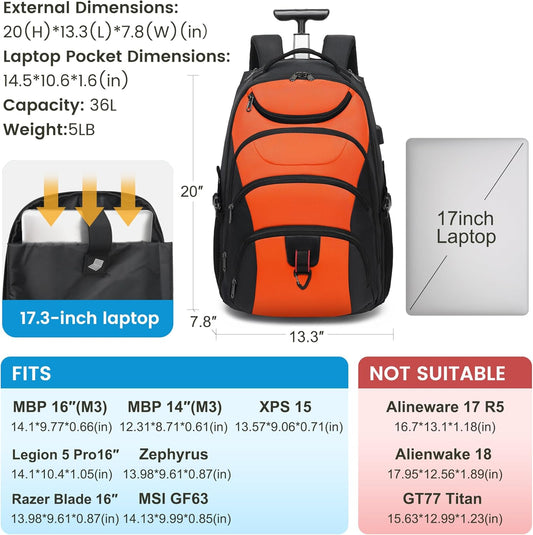 Boavan Rolling Backpack,17 inch Water Resistant Wheeled Backpack,Carry on Luggage Business Bag, Overnight College Computer bag Trolley Suitcase for Men Women Adults to Travel，Black&Orange