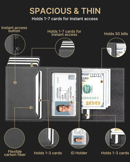 typecase Mens Wallet Card Holder: Pop Up Aluminum Case, Carbon Fiber Leather, Smart, RFID Blocking, Slim, Minimalist, Front Pocket - 9-14 Card Capacity | ID Window | Cash Slot(Grey)