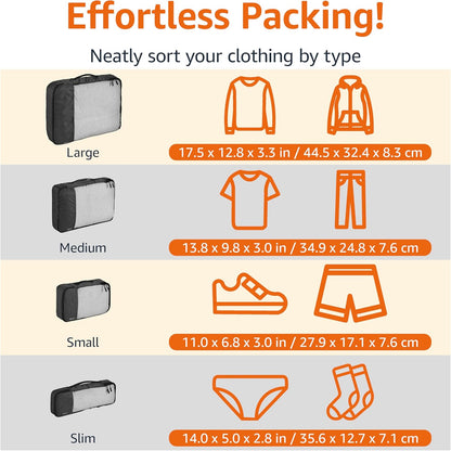 Amazon Basics Lightweight Packing Cubes Travel Organizer Set with Double Zipper, Mesh Top, Small, Medium, Large, Slim, Black, 4 Piece