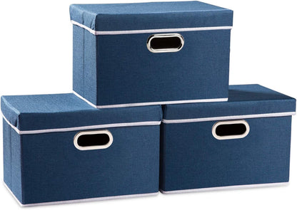 PRANDOM Collapsible Storage Bin with Lid [3-Pack] Fabric Foldable Storage Box Organizer Container Basket Cube with Cover for Home Bedroom Closet Office Nursery Royal Blue(14.9x9.8x9.8)