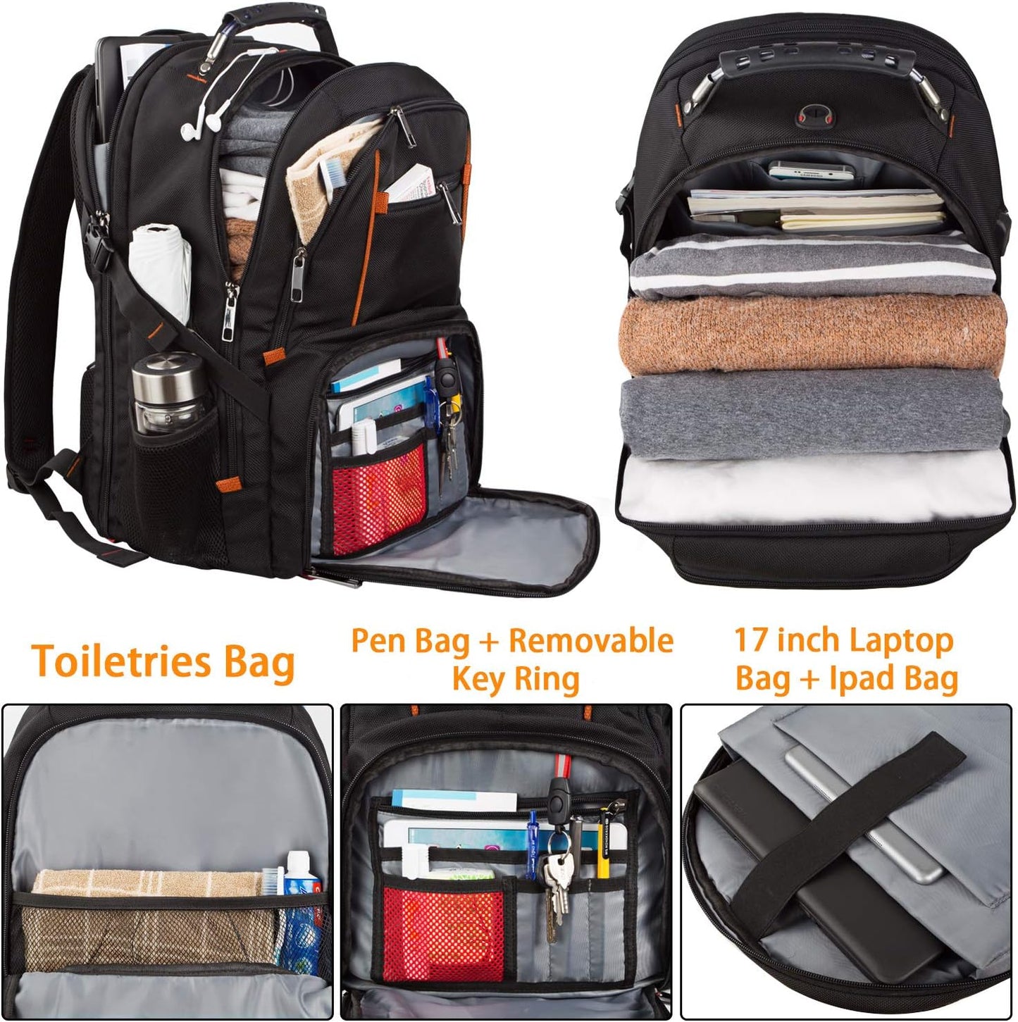 Travel Backpacks for Men Women,Extra Large College School Laptop Bookbags with USB Charging Port,RFID TSA Friendly Water Resistant Business Computer Bag with Luggage Sleeve Fit 17.3''Laptop 45L,Orange