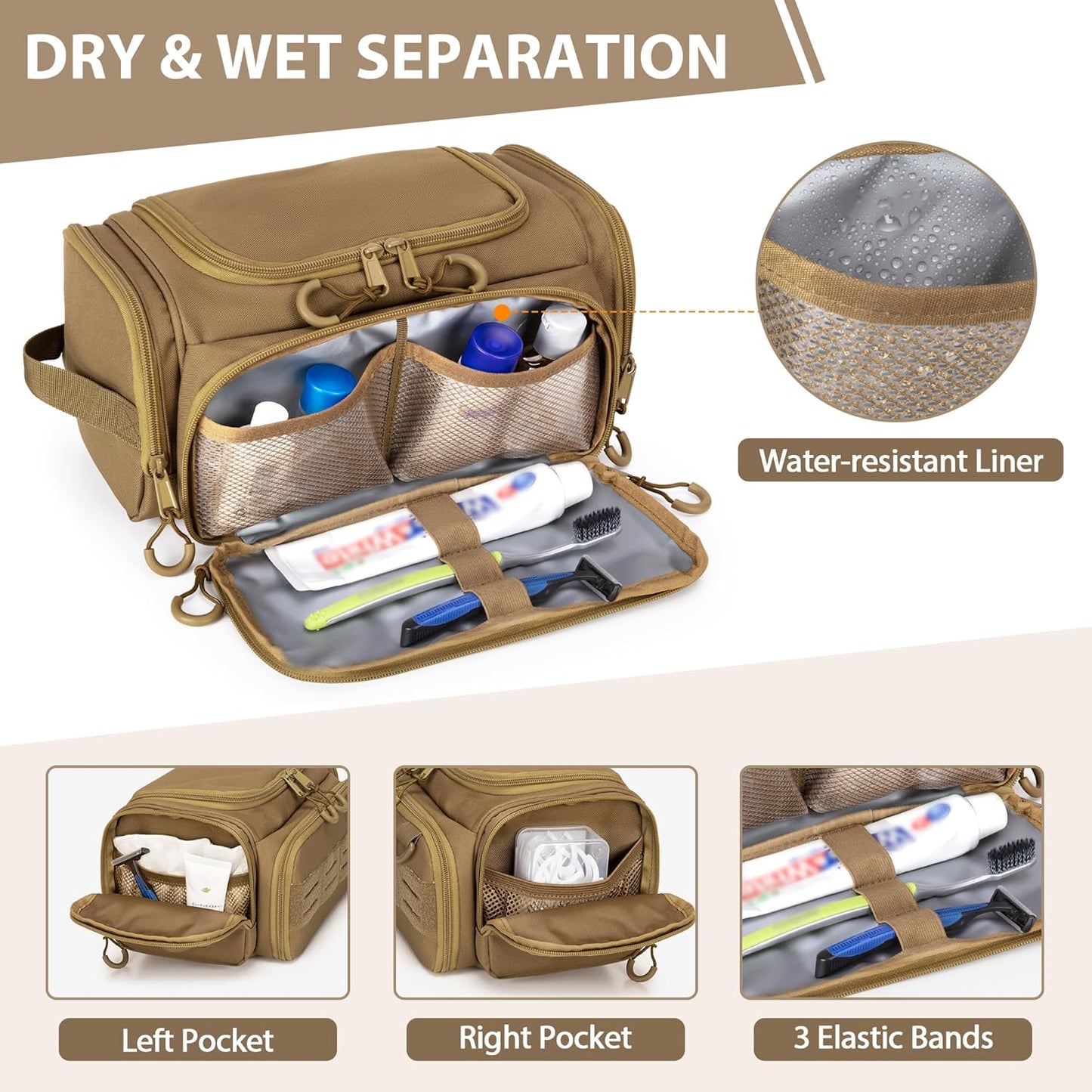 Tactical Toiletry Bag for Men, Hanging Hygiene Bag, Travel Dopp Kit Organizer for Shaving, Shower Essentials and Toiletries, Khkai (Empty Bag)