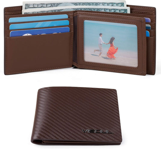 VISOUL Mens Carbon Fiber Leather Bifold Wallet with 2 ID Windows, RFID Blocking Stylish Wallet for Men with 2 Cash Compartments (Brown+Brown)