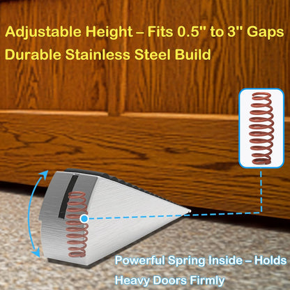Door Stoppers for Bottom of Door Heavy Duty Adjustable Spring Loaded Rubber Wedge 0.2-3" Stackable Set–1 Large + 2 Small, Non-Slip Base, Security Door Stopper for Interior/Exterior/Home/Office