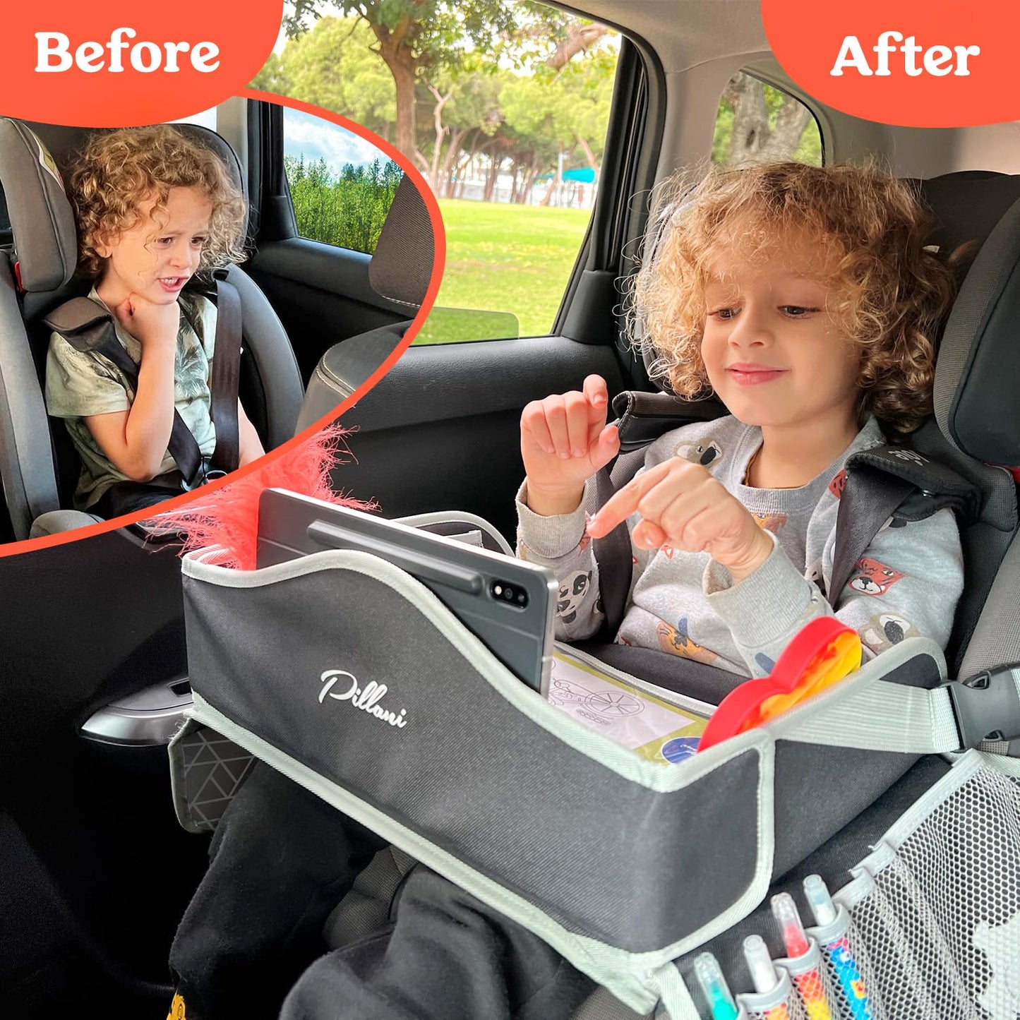 PILLANI Kids Travel Tray for Car - Car Seat Tray for Kids, Roadtrip Essentials, Carseat Table Tray for Kids Road Trip Activities - Toddler Lap Desk Organizer for Airplane