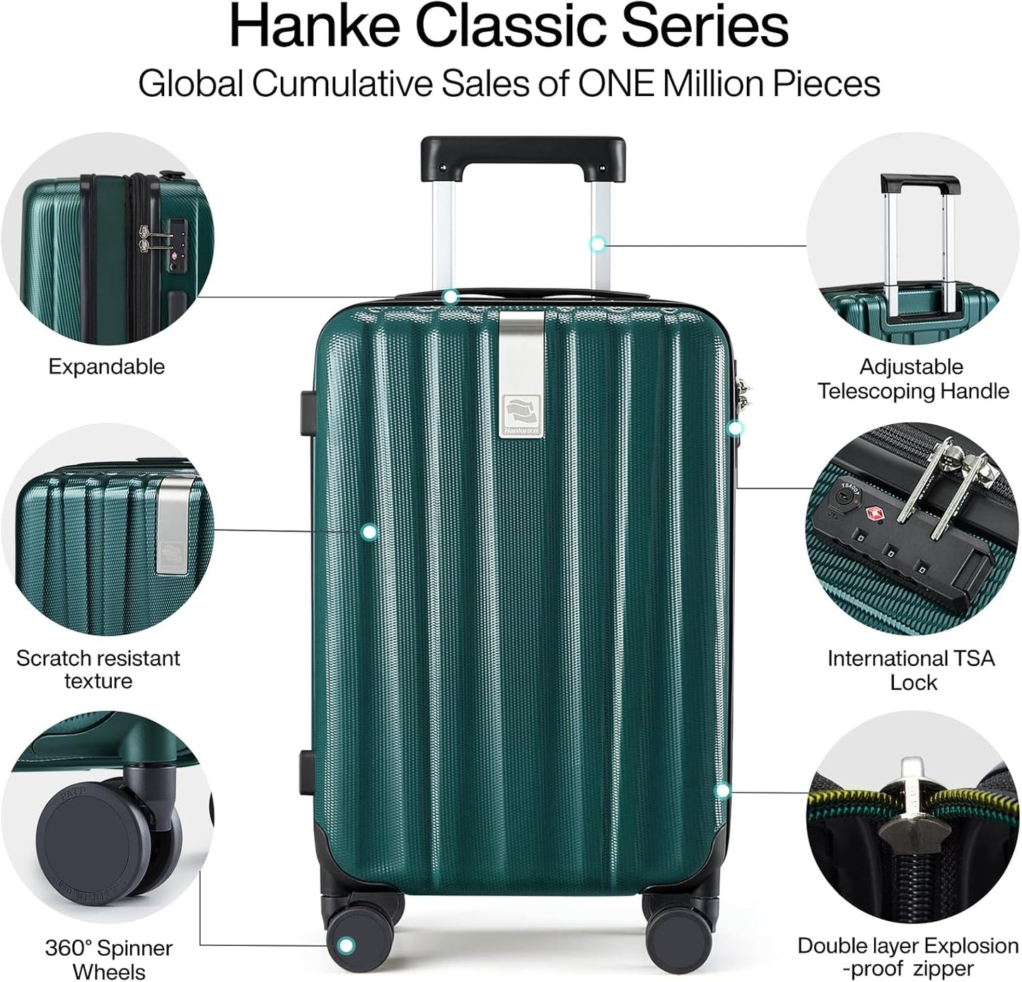 Hanke Expandable Hardshell Luggage Sets 3 piece Carry on Luggage with Wheels Suitcases Lightweight Checked Travel Luggage Rolling Large Suitcase Travel Luggage Bag Woman Men 20/24/29 IN,Blackish Green