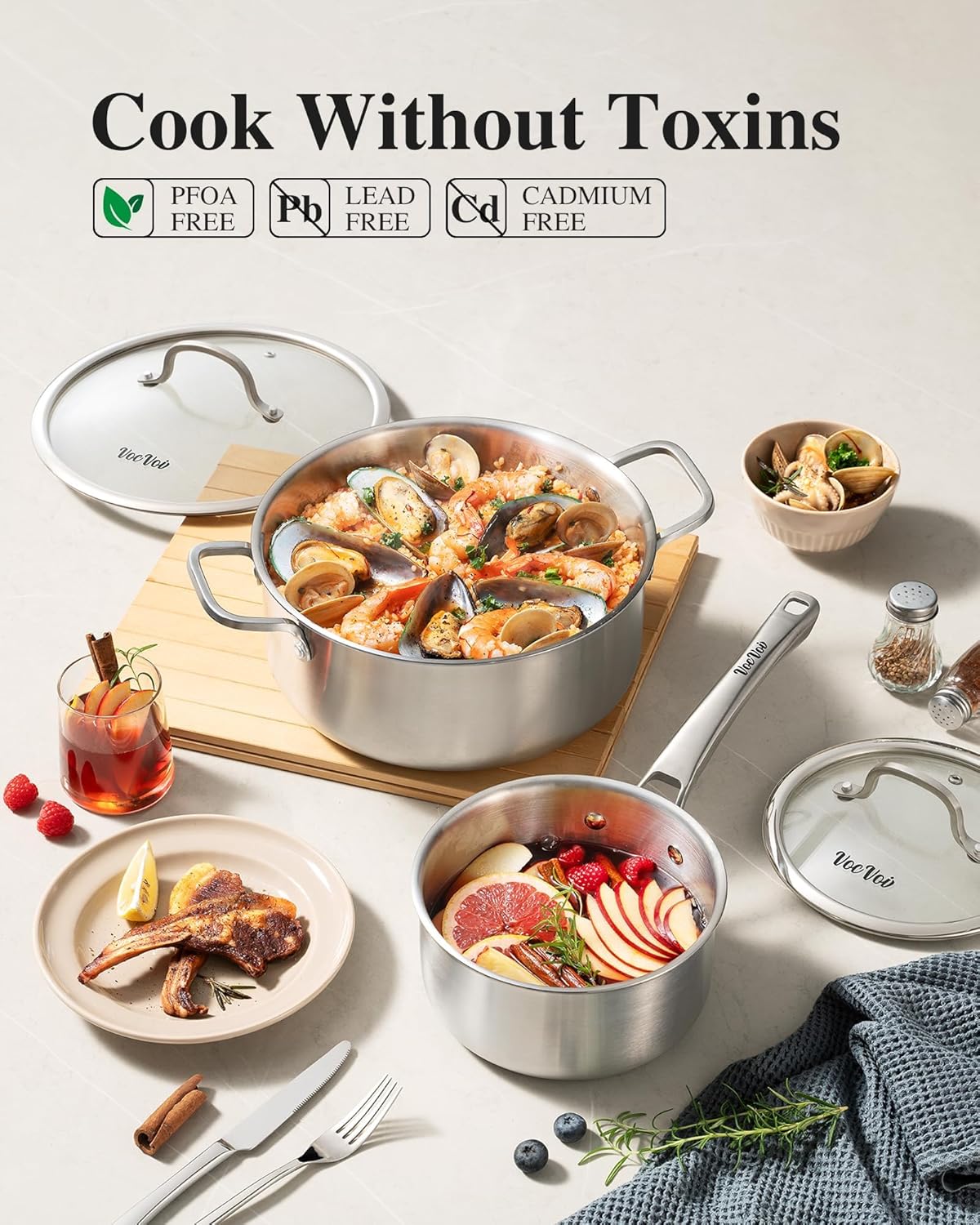 Stainless Steel Cookware Set,Tir-Ply Pots and Pans Set,10 Pcs Stainless Steel Induction Kitchen Cookware Sets,PFOA Free, Frying Pans,Saucepans,Saute Pan & Stock Pot,Compatible with All Cooktops