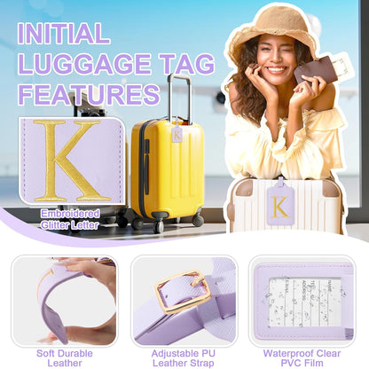 Personalized Initial Luggage Tags for Suitcase, Purple Leather Cute Luggage Tags with Privacy Cover Name Card, Embroidered Custom Monogrammed Luggage Tag Travel Backpack Tags Gifts for Women Kids(K)