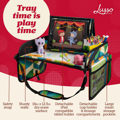 Lusso Gear Kids Travel Tray for Toddlers & Kids - Car Seat Lap Tray for Airplane & Road Trip Activities (Geometric)