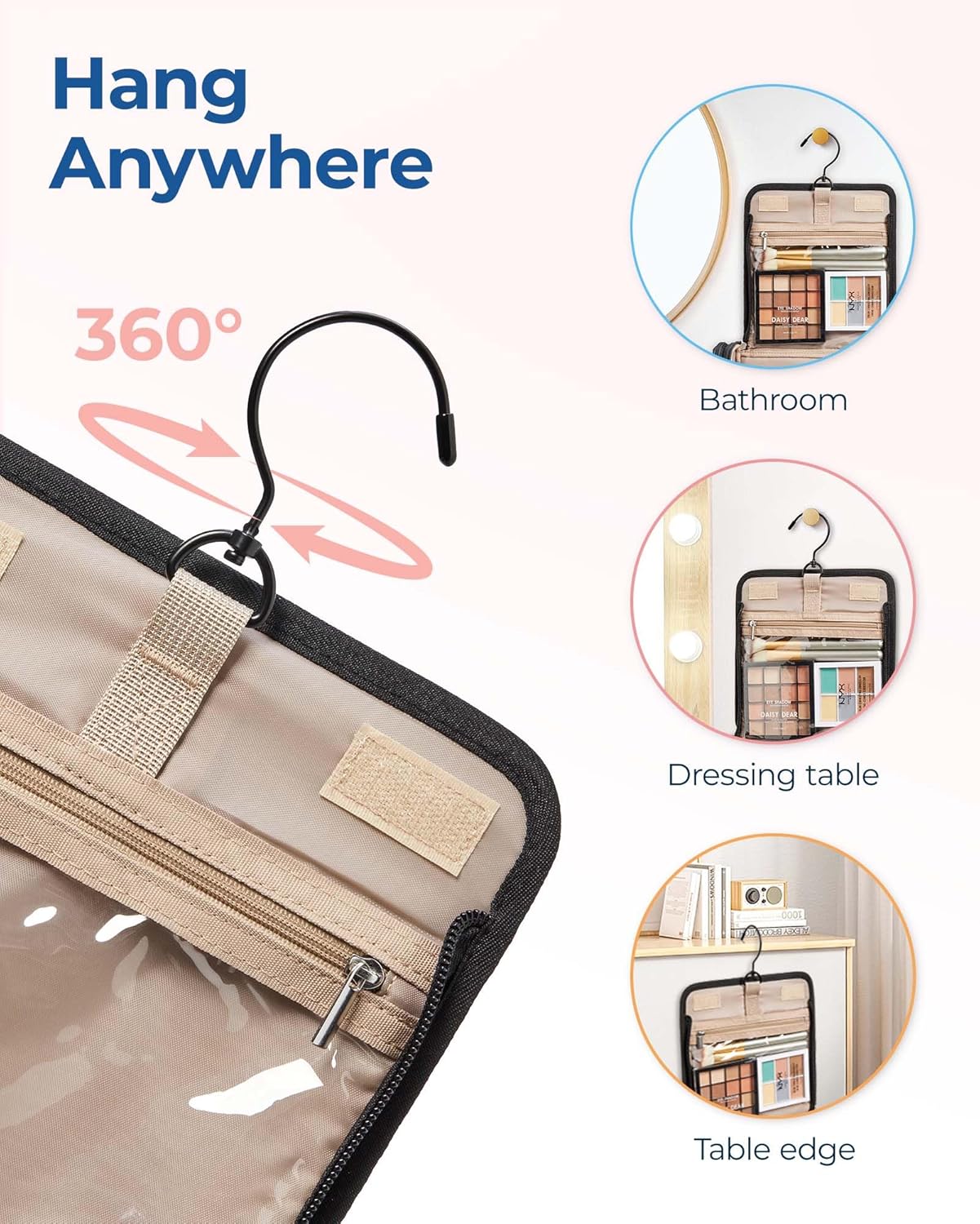 BAGSMART Makeup Bag for Women with Hanging Hook, Large Portable Capacity Water-resistant Organizer Travel Case for Toiletries and Cosmetics, Brown