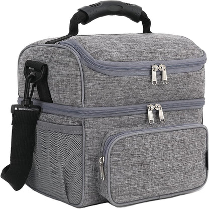 FlowFly Double Layer Cooler Insulated Lunch Bag Adult Lunch Box Large Tote Bag for Men, Women, With Adjustable Strap,Front Pocket and Dual Large Mesh Side Pockets