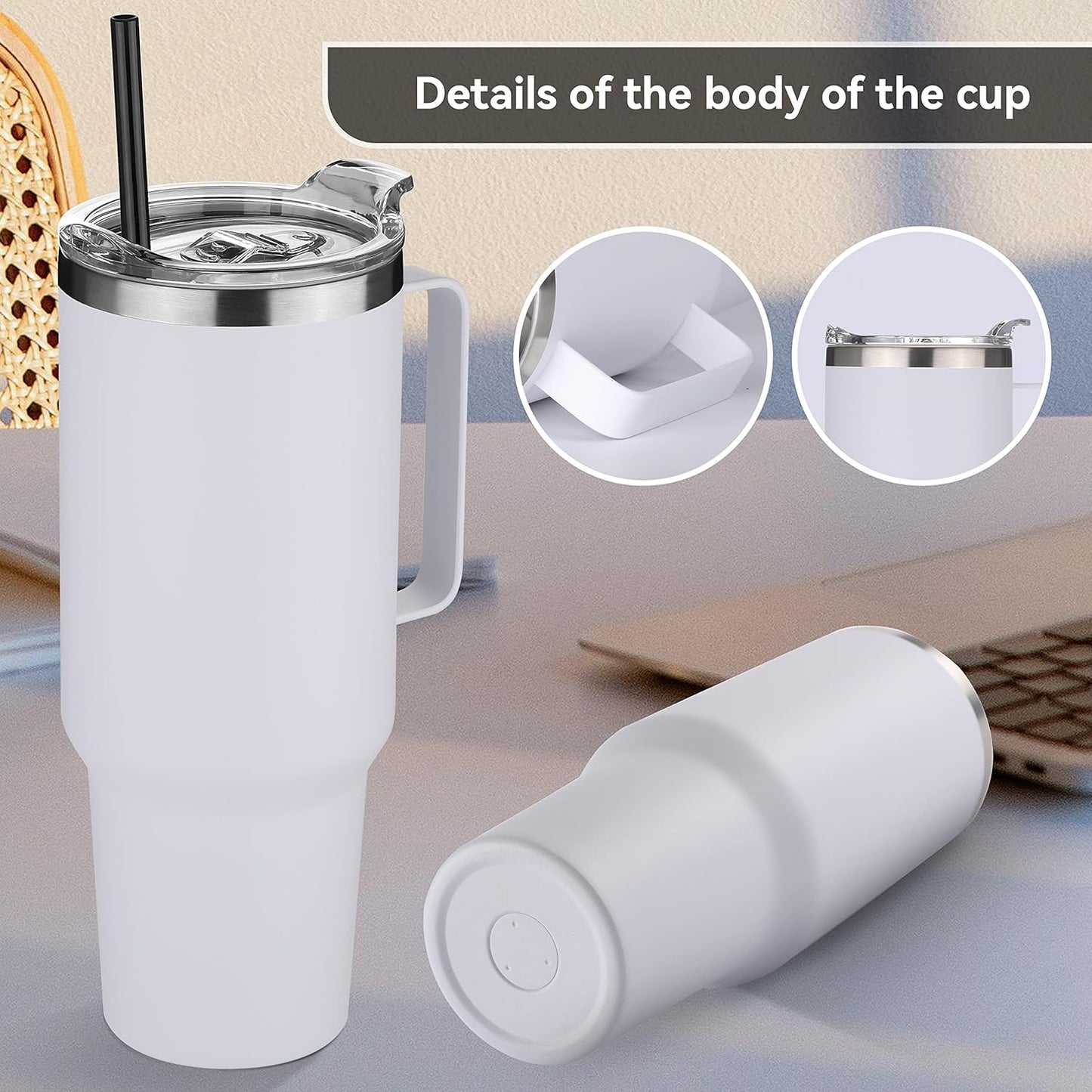 HASLE OUTFITTERS 40 oz Stainless Steel Tumbler with Handle, Vacuum Insulated Tumblers Bulk, Reusable Double Wall Travel Coffee Mug, Durable Powder Coated Water Bottle(White, 1)