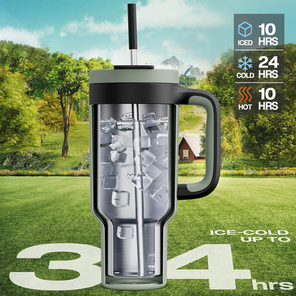 POWCAN 40 oz Tumbler with Handle, 2-in-1 Straw and Sip Lid, Leakproof, Dishwasher Safe, Insulated Stainless Steel Travel Coffee Mug, Keeps Cold for 34 Hours, Fits in Car Cup Holder (Agave)