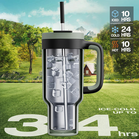 POWCAN 40 oz Tumbler with Handle, 2-in-1 Straw and Sip Lid, Leakproof, Dishwasher Safe, Insulated Stainless Steel Travel Coffee Mug, Keeps Cold for 34 Hours, Fits in Car Cup Holder (Agave)