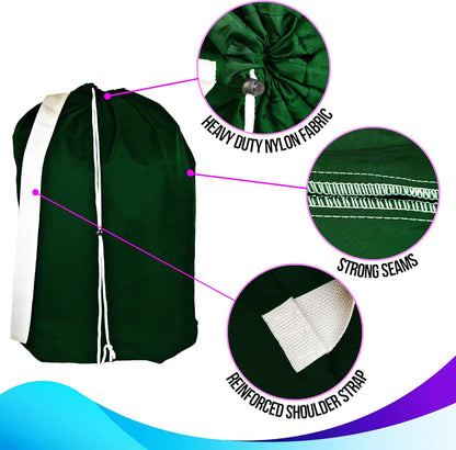 American Laundry Bags | Backpack with Shoulder Strap 2 piece set | Heavy Duty Clothes Holder | Travel Hamper for College Dorm | Portable Wash Bag | Green color | 30" x 40" size | Made in the USA
