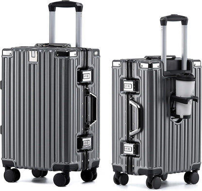 HotWay 24 Inch Aluminum Frame Luggage with Spinner Wheels, PC Hard Shell Suitcase with Cup Holder, Zipperless Luggage for Business Travel, Gray