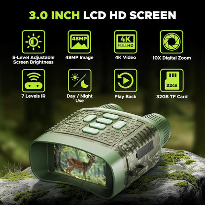 Night Vision Goggles, 4K Night Vision Binoculars, 3'' HD Screen & 10X Digital Zoom, 5000mAh Battery and 32GB TF Card, 1500FT Viewing Range for Camping & Security