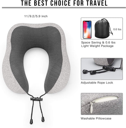 MLVOC Travel Pillow 100% Pure Memory Foam Neck Pillow, Comfortable & Breathable Cover, Machine Washable, Airplane Travel Kit with 3D Sleep Mask, Earplugs, and Luxury Bag,Standard (Grey)