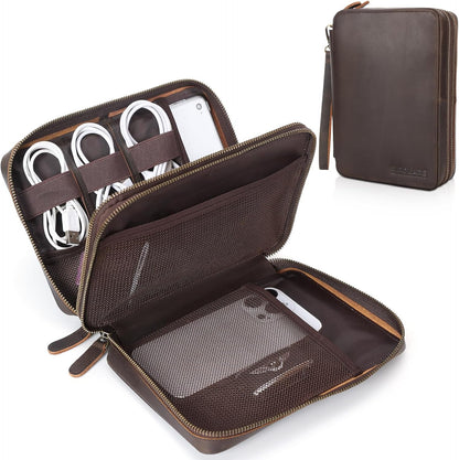 Polare Full Grain Leather Travel Cable Organizer Case Double Layer Electronics Accessories Carry Bag with YKK Zippers Tech Storage Bag for Cables, Power Bank, USB, SD Card