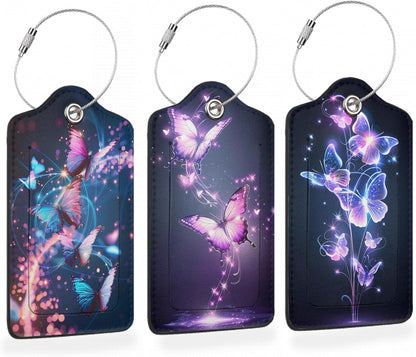 Dream Starlight Butterfly 3 Pack Luggage Tags for Suitcases, Colorful Butterfly PU Leather Luggage Tag for Travel, Bag Tags with Privacy Name ID Card and Steel Loop for Women Men