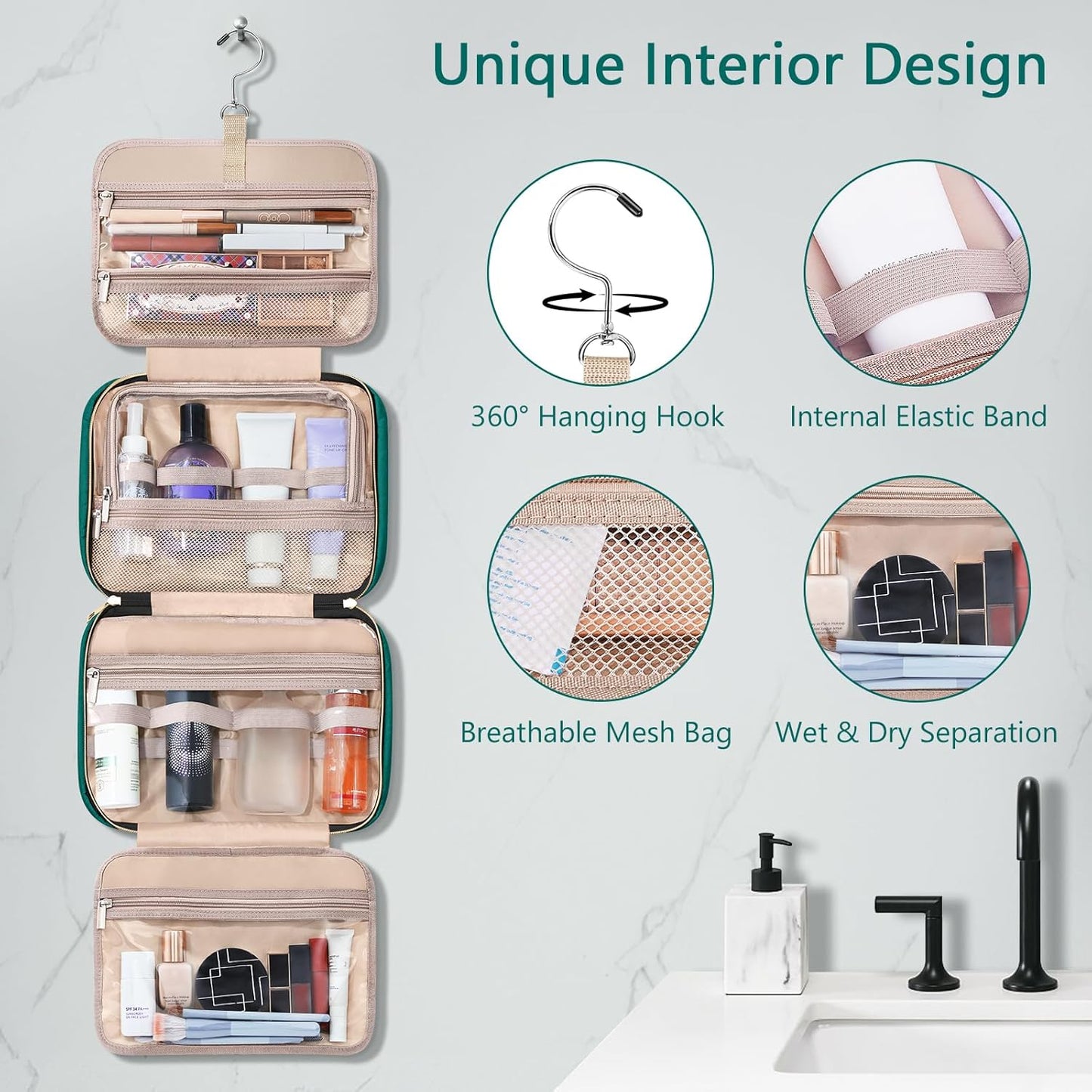 Wedama Toiletry Bag for Women, Hanging Travel Toiletry Bag with Jewelry Organizer Compartment Large Makeup Bag, PVC Waterproof Cosmetic Travel Bag Trips Camping Bathroom, Green+Brown