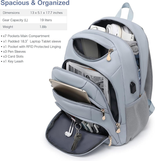 Boavan Laptop Backpack for women, 15.6 inch Laptop Bag with USB Port, Waterproof Travel Work Backpack Purse, Anti-Theft Teacher Nurse Doctor Casual Bookbags Office Business backpack，Blue