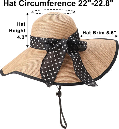 DRESHOW Beach Hats for Women Big Straw Wide Brim Summer Hat Floppy Foldable Roll up Cap Sun Hat UPF 50+