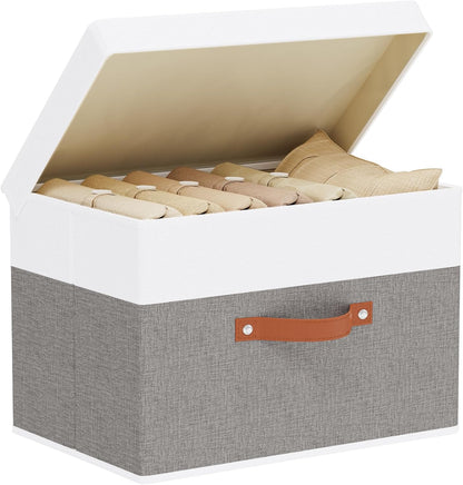 Fabric Storage Boxes with Lids, Linen Foldable Cloth Baskets, 17.7 x 11.8 x 11.8 Inch Closet Organizer Containers with Double Handles, Sweater Bins for Bedroom, White and Grey, 1 Pack