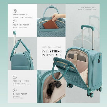 Verage 18x14x8in Spinner Underseat Carry-On Luggage -Airplane Personal Item Bag, USB A&C Charging Port, Padded Laptop Pocket & Wet/Dry Compartments for Women, Misty Aqua