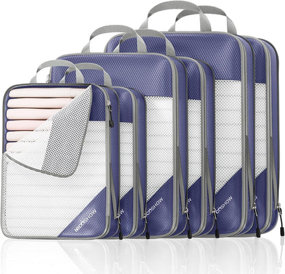 Compression Packing Cubes 6 Set, Compressible Space-Saving Packing Cubes for Travel - Compression Bags, Luggage Organizer, Travel Essentials for Women, Bluish Purple