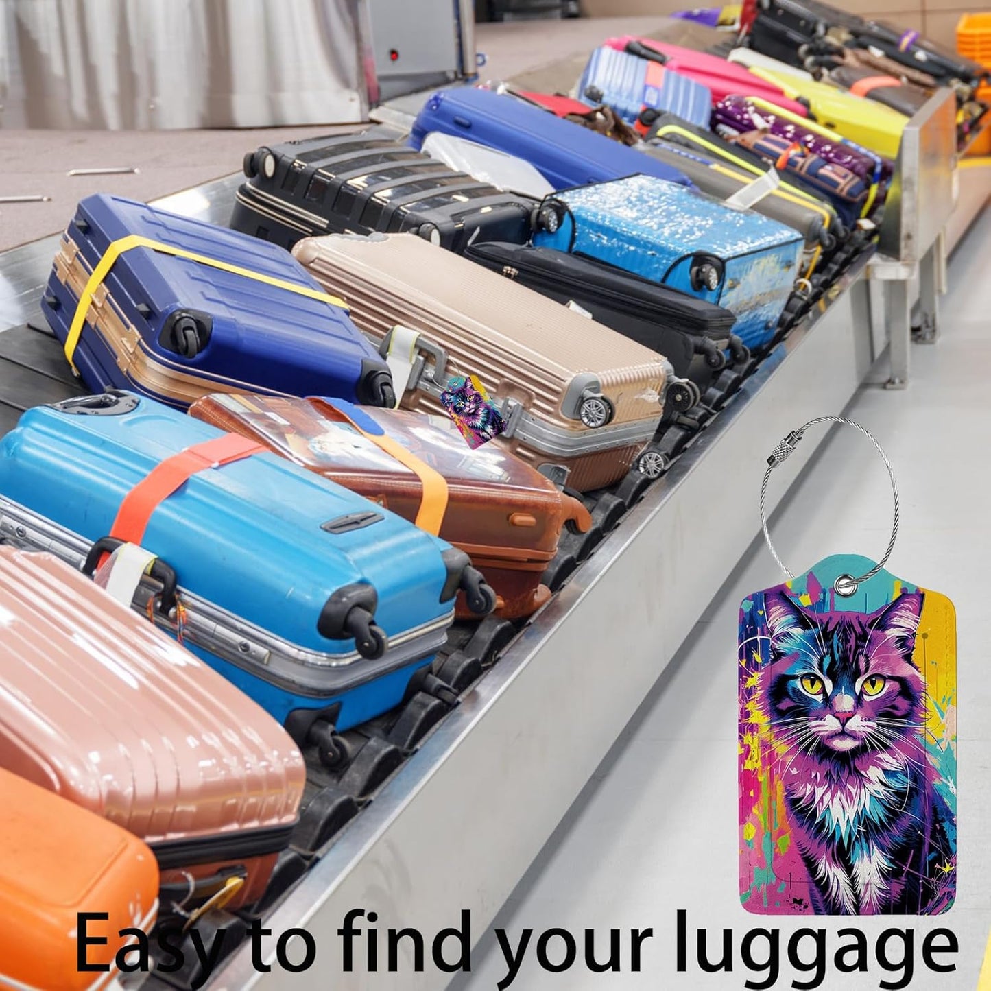 Colorful Cat 2 Pack Luggage Tag for Suitcase, Cute Unique Leather Bag Tags Identifiers Privacy Cover ID Label with Steel Loop for Women Men Kids Girls Travel,