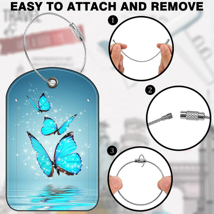 2 Pack PU Luggage Tags for Suitcase, Blue Butterfly On Water Suitcase Tag Leather ID Label Bag Tags with Privacy Cover and Metal Loop for Men Women Travel Bag