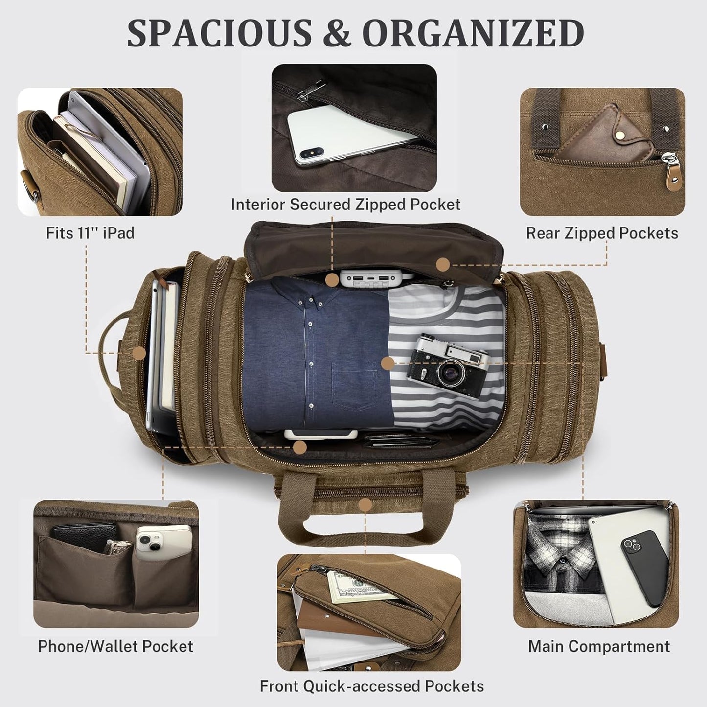 Gonex Canvas Duffle Bag 60L Travel Duffel Overnight Weekend Bag with Shoe Compartment (Coffee)
