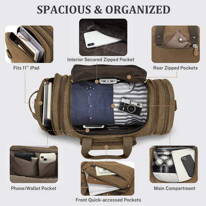 Gonex Canvas Duffle Bag 60L Travel Duffel Overnight Weekend Bag with Shoe Compartment (Coffee)