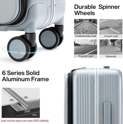 Hanke Grace Hard Shell Suitcases with Wheels,20 Inch Carry On Luggage Airline Approved with Aluminum Frame, Travel suitcase with Front Pocket Travel Luggage for Short Business Trips, Grey.