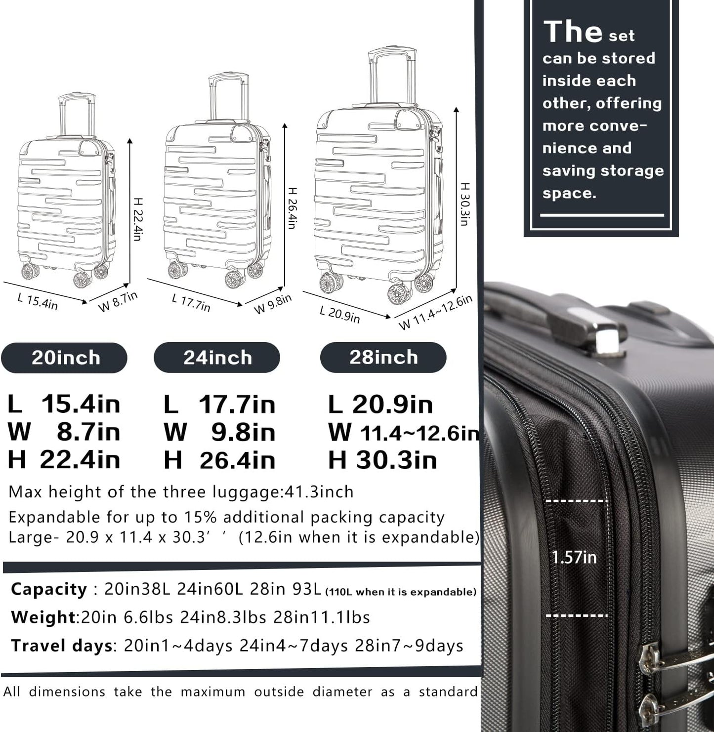 Coolife Luggage Expandable(only 28") Suitcase 3 Piece Set with TSA Lock Spinner 20in24in28in (sliver)