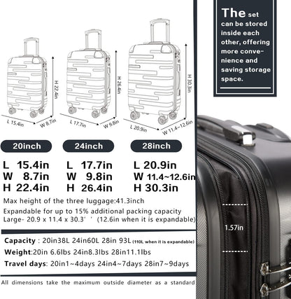 Coolife Luggage Suitcase Carry-on Hardside Travel Luggage TSA Lock Spinner Telescopic Handle