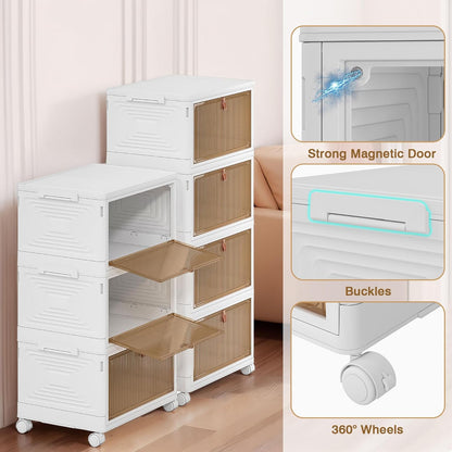 VECELO 3 Tier Stackable Storage Boxes with Magnetic Doors & Wheels, Foldable Storage Containers, 23 QT Closet Organizers for Living Room, Office, Dorm