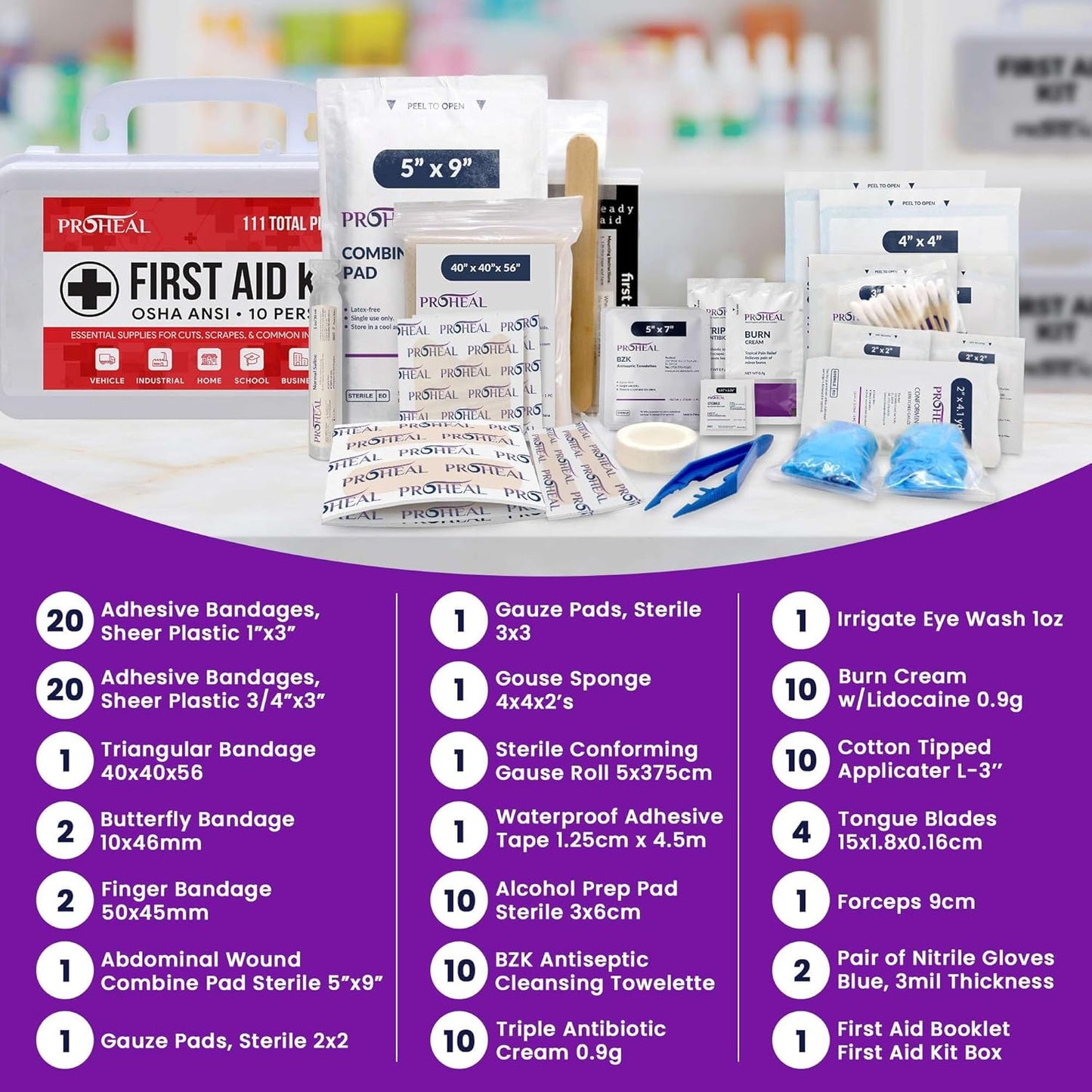 OSHA Compliant First Aid Kit - 10 Person, Type III, ANSI Class A Emergency Kit for Truck, Car, Construction Site - 111 Essential First Aid Supplies
