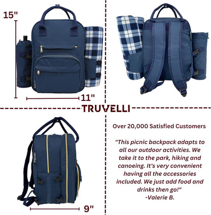 Truvelli Picnic Backpack for 2 with Blanket – 12-in-1 Insulated Picnic Basket Backpack Set with‬ Wine Holder, Cutlery & Cheese Board – Luxury Picnic Back Pack for Couples, Outdoor‬ Adventures, Blue