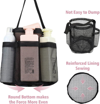 F-color Mesh Shower Caddy Portable, Shower Basket Tote for College Dorm Room Gym Rv Essentials, 8.5" Deeper Pocket Quick Dry Bathroom Caddy Bag with S Hook, 2 Packs Black