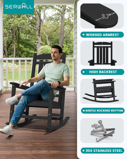 SERWALL Outdoor Rocking Chair, HDPE Patio Rocking Chair All-Weather Porch Rocker for Balcony, Yard, Black
