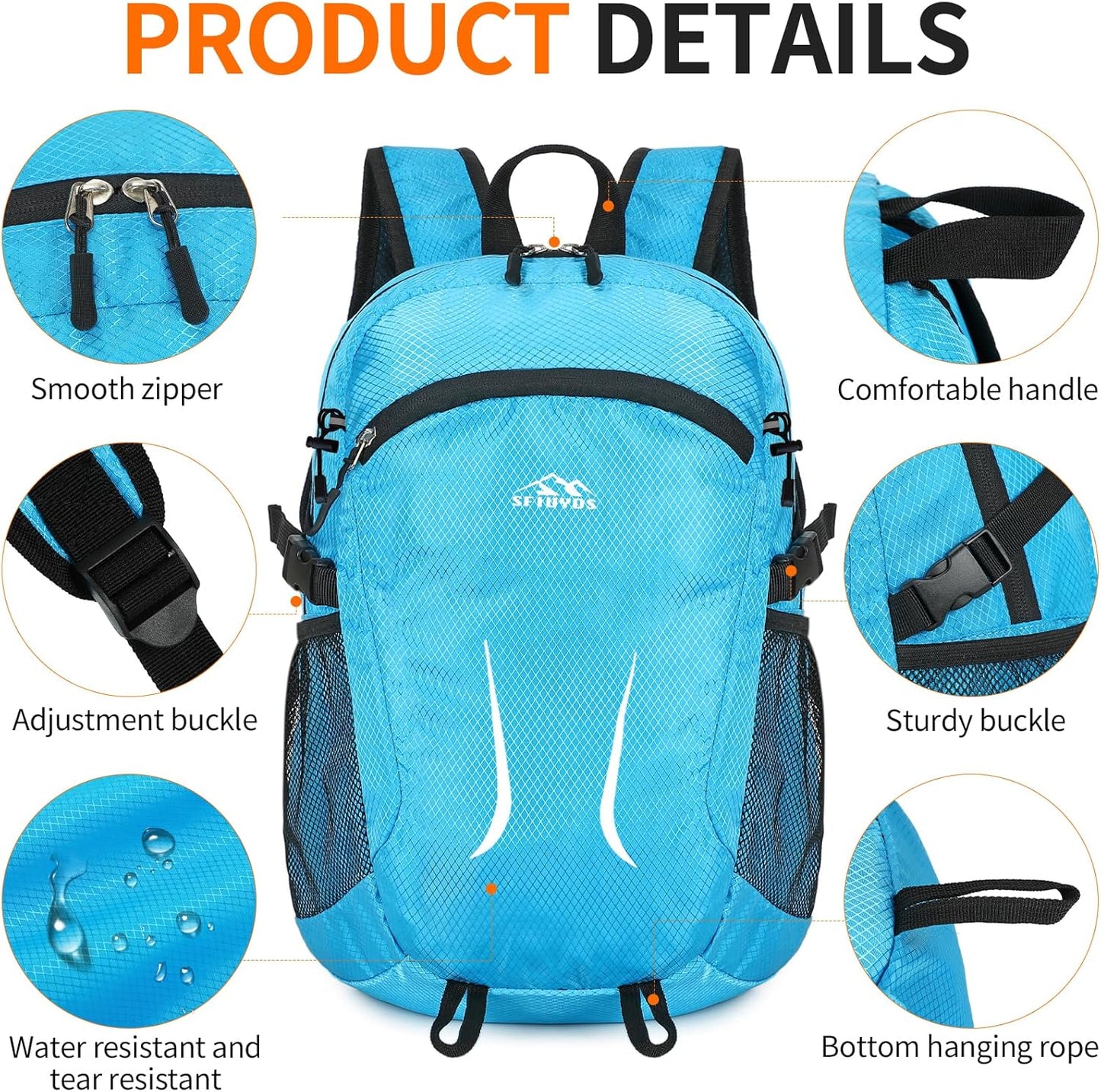 Large Hiking Daypack,30L Waterproof Hiking Backpack Packable Lightweight Travel Day Pack for Women Men (Blue, Large)