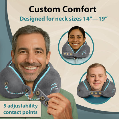 Memory Foam Travel Pillow for Airplanes & Car Rides - Adjustable Airplane Pillow with 360° Chin and Neck Support for Comfy Naps, Extra-Soft Washable Neck Pillow Cover, Squeezy Mesh Bag - Grey