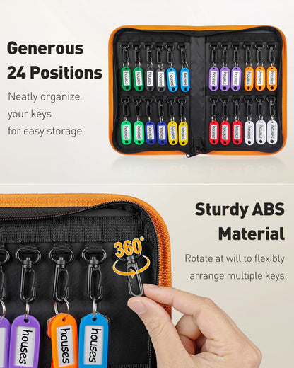 Uniclife Zippered Key Case Organizer Waterproof and Fireproof Orange Key Binder with 24 Hooks and Tags Portable Key Storage Book for Offices Real Estate Agencies Hotels and Rental Management (Orange)