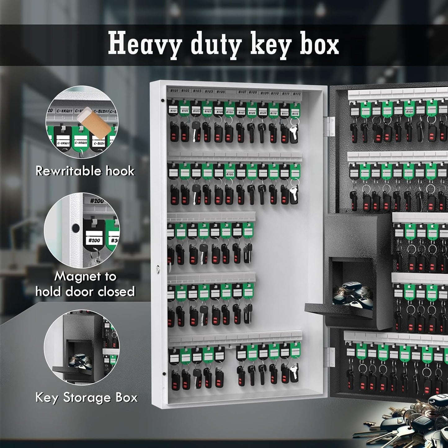 WeHere 104 Keys Lock Box Wall Mount with Key Drop Slot, APP Bluetooth/OTP/Wi-Fi/Fixed Code/Key Unlock, Smart Large Key Cabinet Key Return Box for Hotel,Car Dealerships,Realtors,Office