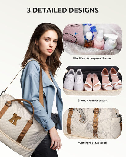 Birthday Gifts-for Women-Initial Duffle Bag with Shoe Compartment, Personalized Weekender Bag, Monogram Overnight Bag, Letter Travel Bag with Makeup Bag，Friend Wife Birthday Gift (Letter C)