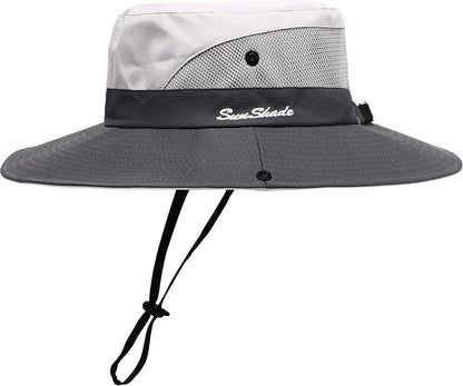 Womens Summer Sun Hat Beach Hat Wide Brim Outdoor UV Protection Hat Foldable Cool Mesh Ponytail Bucket Hat