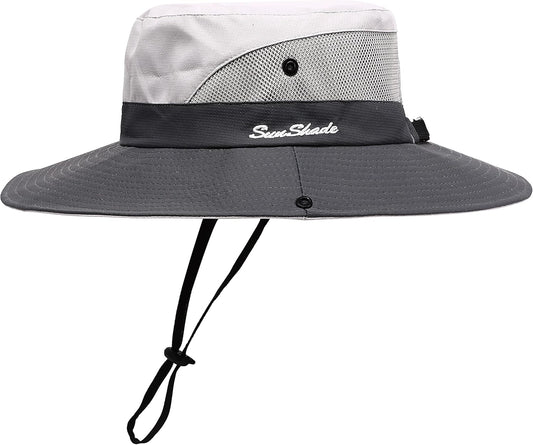 Womens Summer Sun Hat Beach Hat Wide Brim Outdoor UV Protection Hat Foldable Cool Mesh Ponytail Bucket Hat