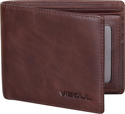 VISOUL Mens Bifold Leather RFID Blocking Wallet with 2 ID Windows, Soft Genuine Leather Card Holder Wallet with 2 Cash Compartments for Men (Coffee)